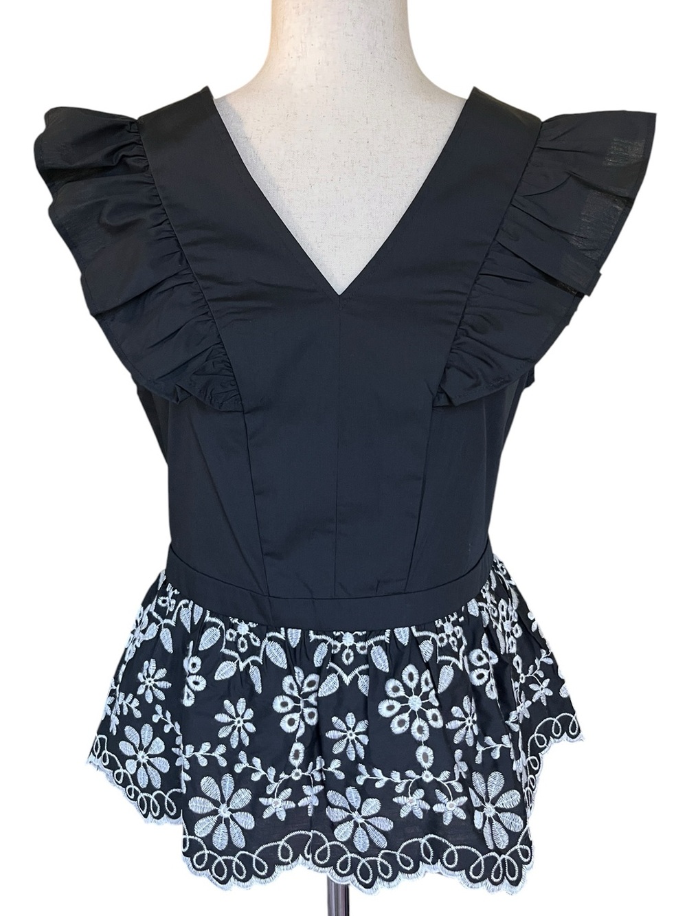 Nanette Lepore black V-neck sleeveless top featuring dramatic shoulder ruffles